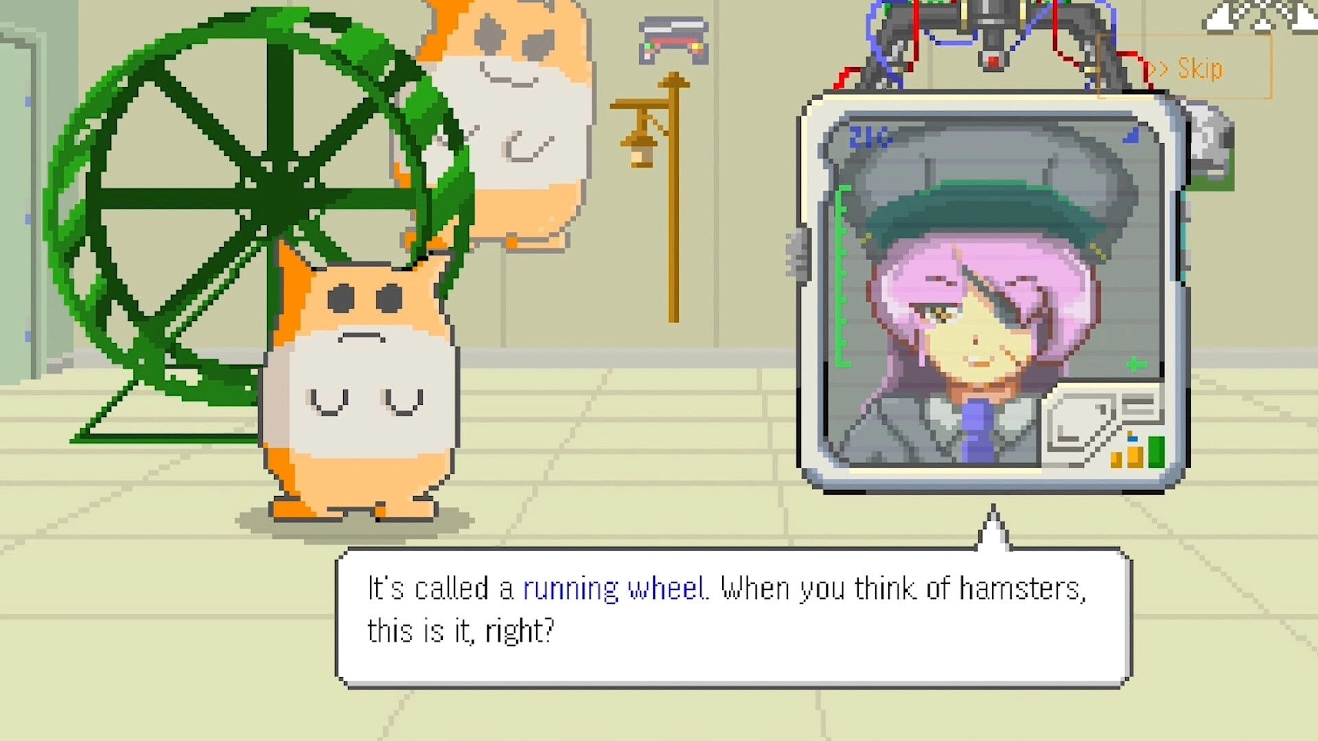 MOCHI-O: Mochi-O stands by a running wheel, while a character communicates via a screen in a lab setting.