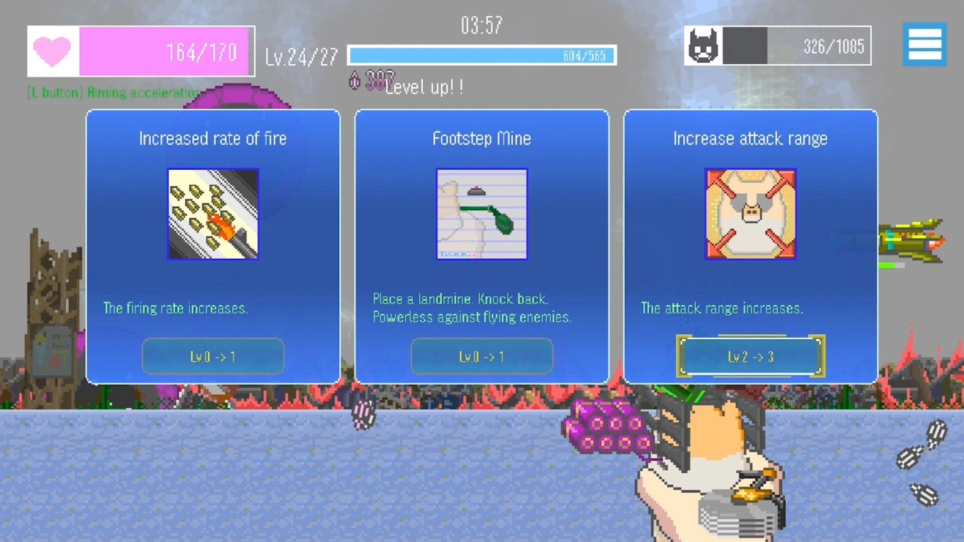 MOCHI-O: Upgrade selection screen with three options displayed in a pixelated post-apocalyptic setting
