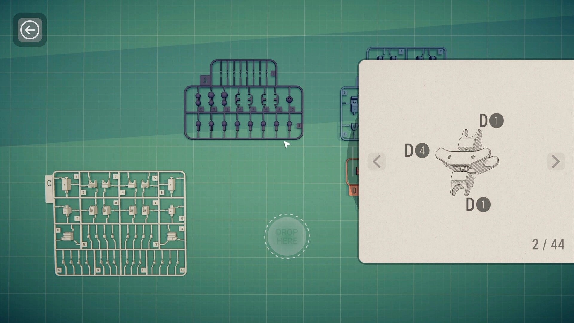 Model Kit Studio: Assembly workspace with sprue parts and step diagram panel on green grid mat UI.