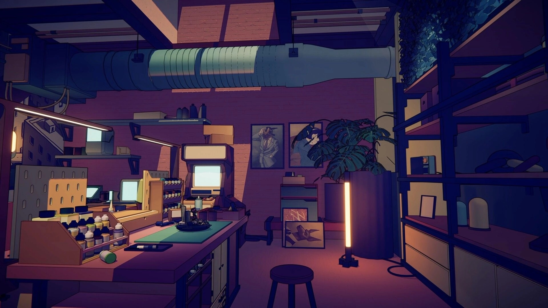 Model Kit Studio: Cozy workshop bench with paint racks, tools, and shelves under soft purple lighting.