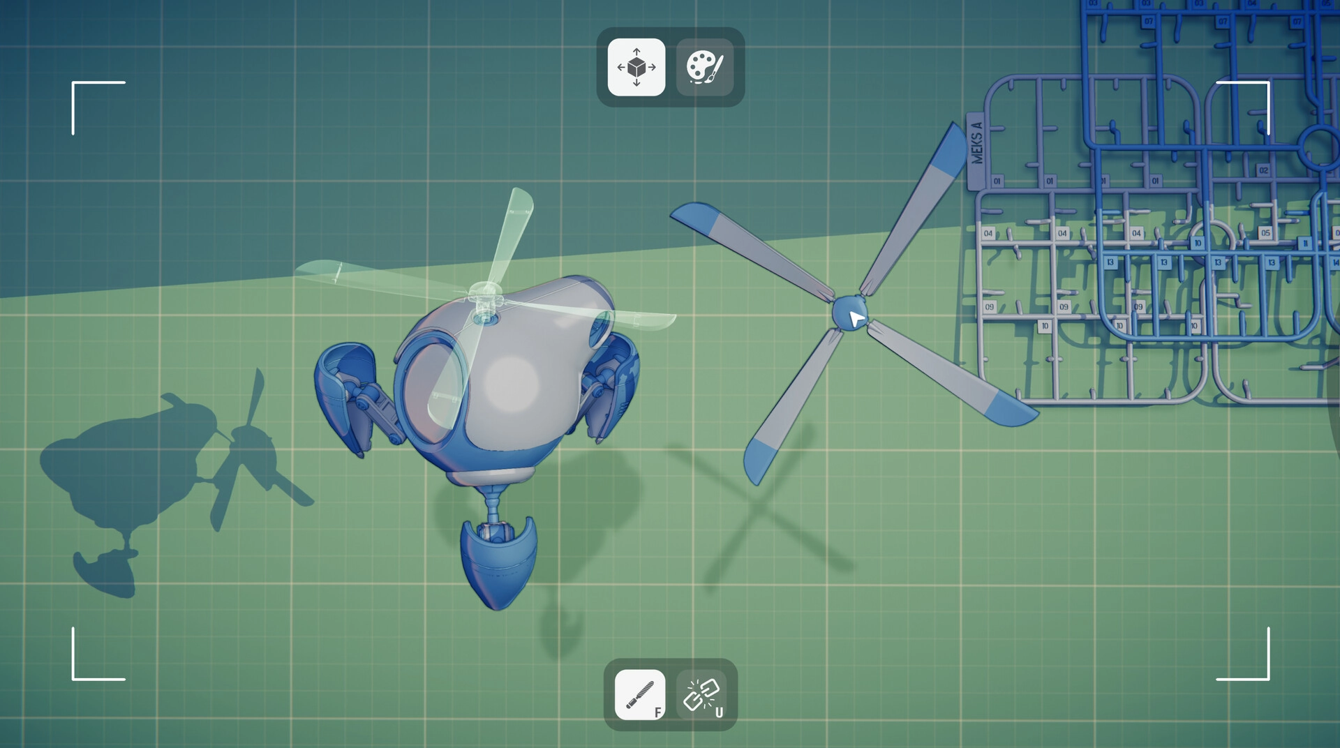 Model Kit Studio: Assembling a blue drone body and rotor on a gridded workbench with sprue parts.