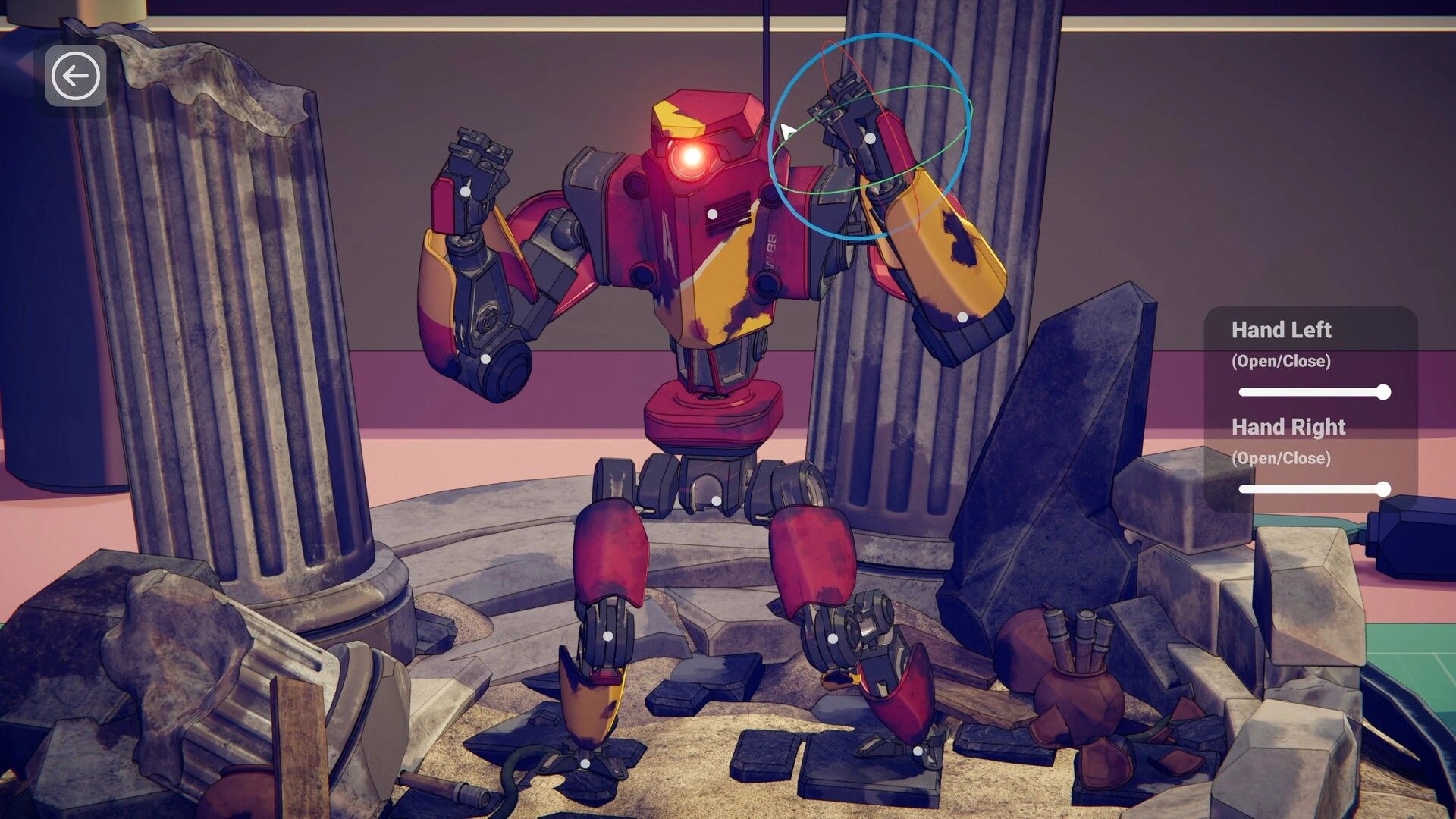 Model Kit Studio: Pose editor adjusts robot hands with sliders amid ruined columns and rubble diorama.