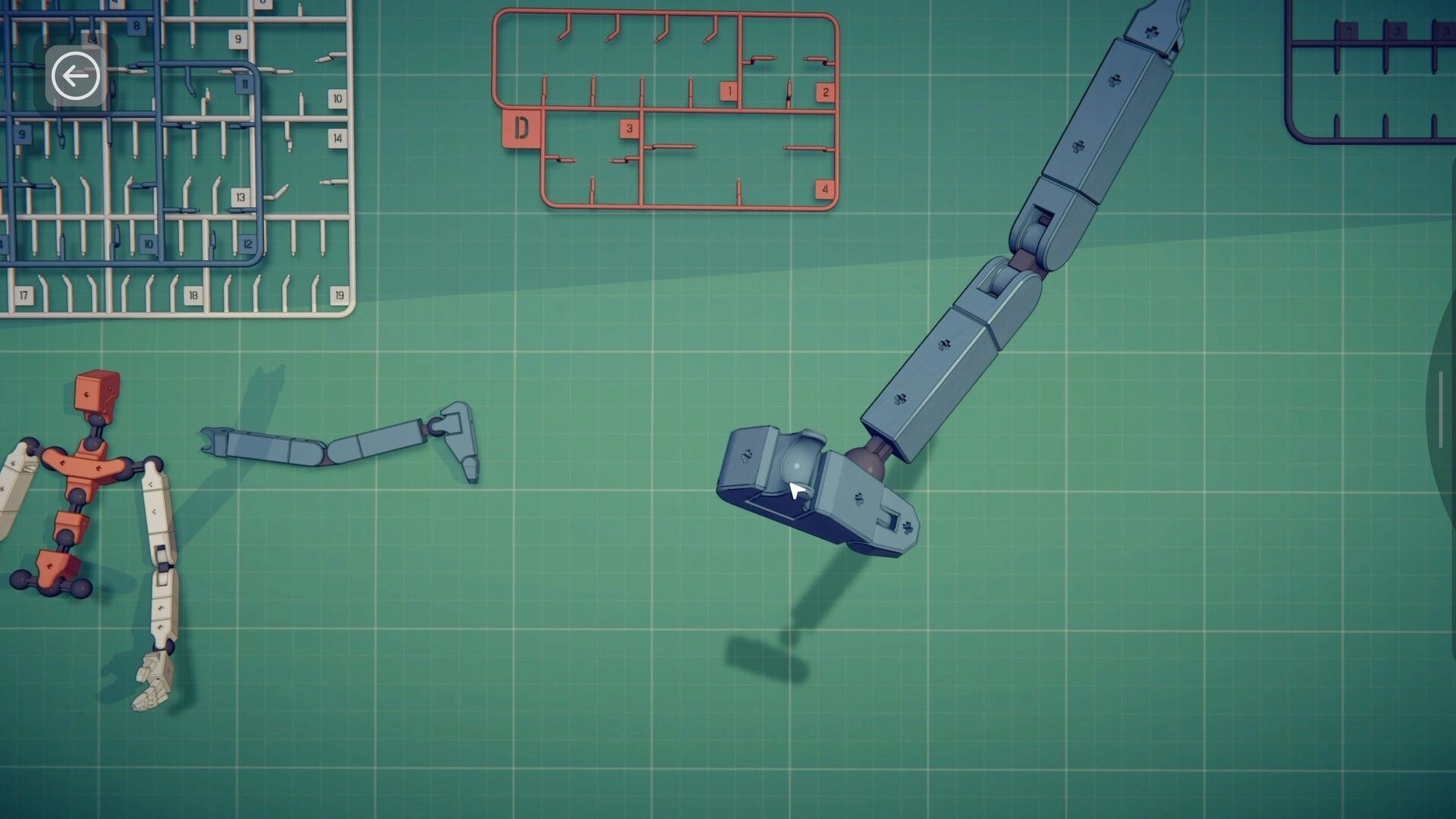 Model Kit Studio: Assembling a robot leg on a green cutting mat with sprue parts and back arrow UI.