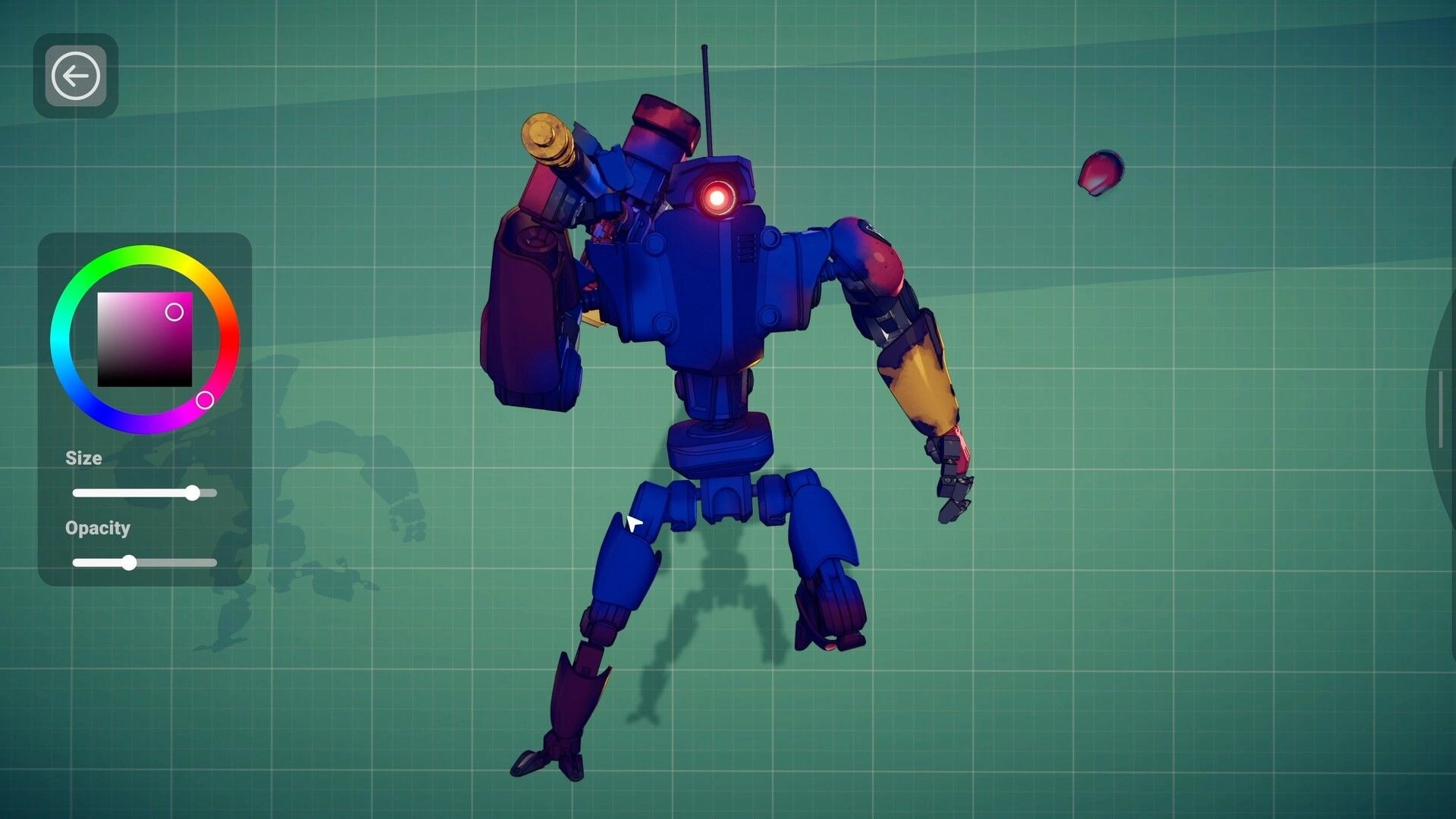 Model Kit Studio: Painting a blue robot model with color wheel, size and opacity sliders on grid mat.