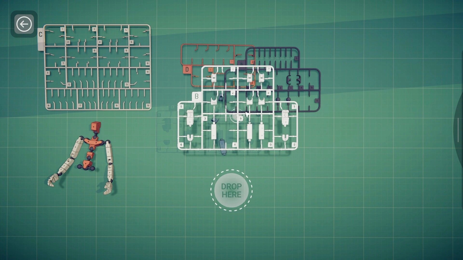 Model Kit Studio: Sprue parts and assembled robot arms on cutting mat with drop here circle UI.