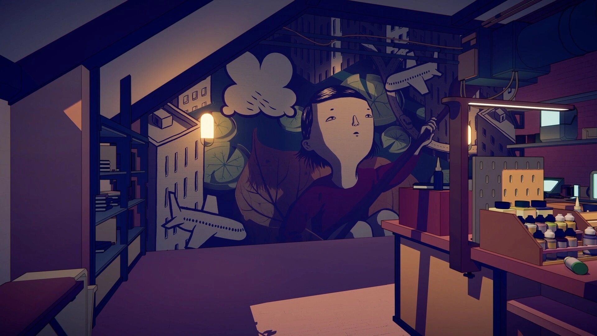 Model Kit Studio: Cozy workshop corner with paint bottles and a large mural of a child and planes on wall.