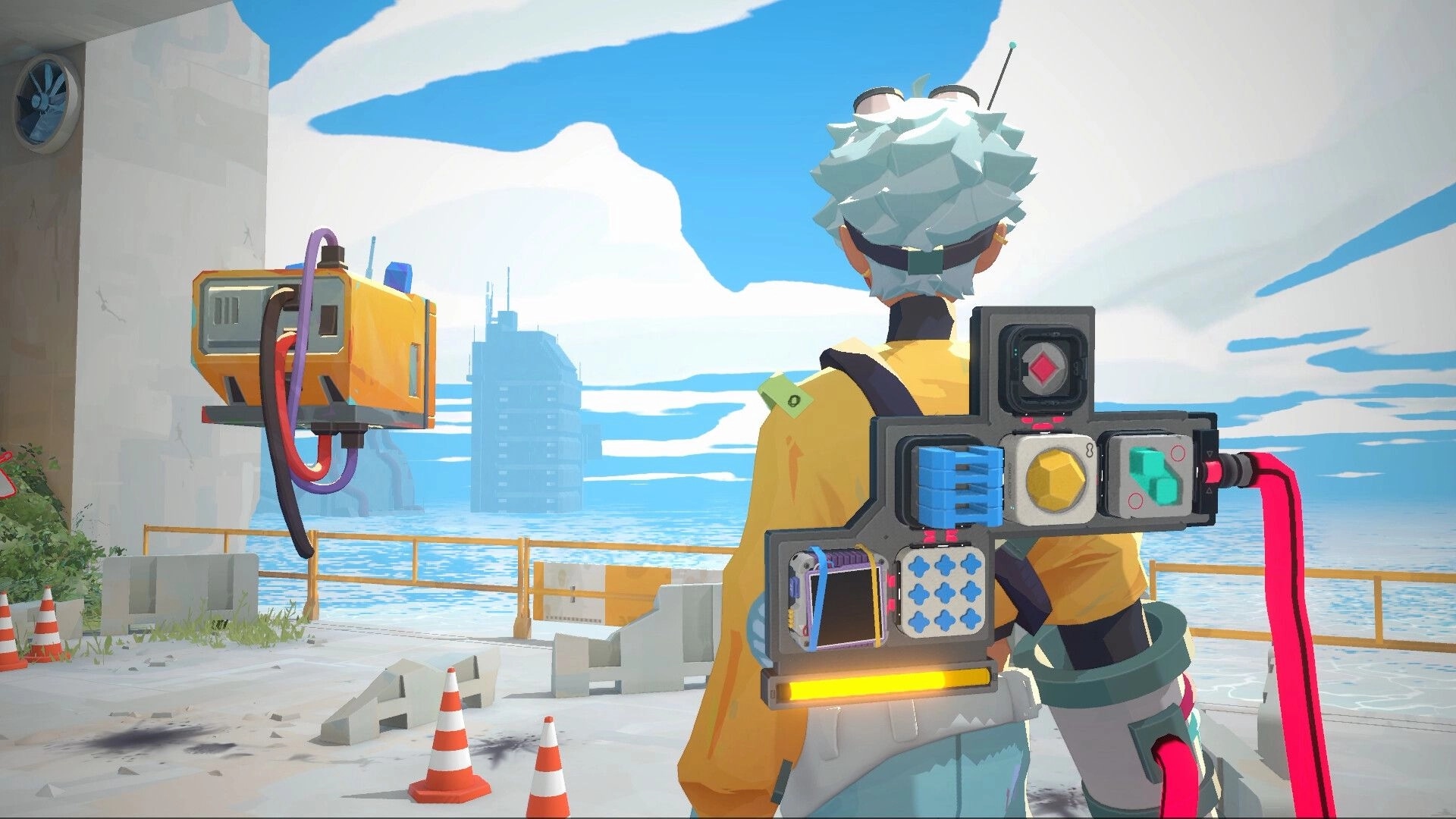 Modulink: Character with module backpack faces ocean platform and distant ruins under blue sky.