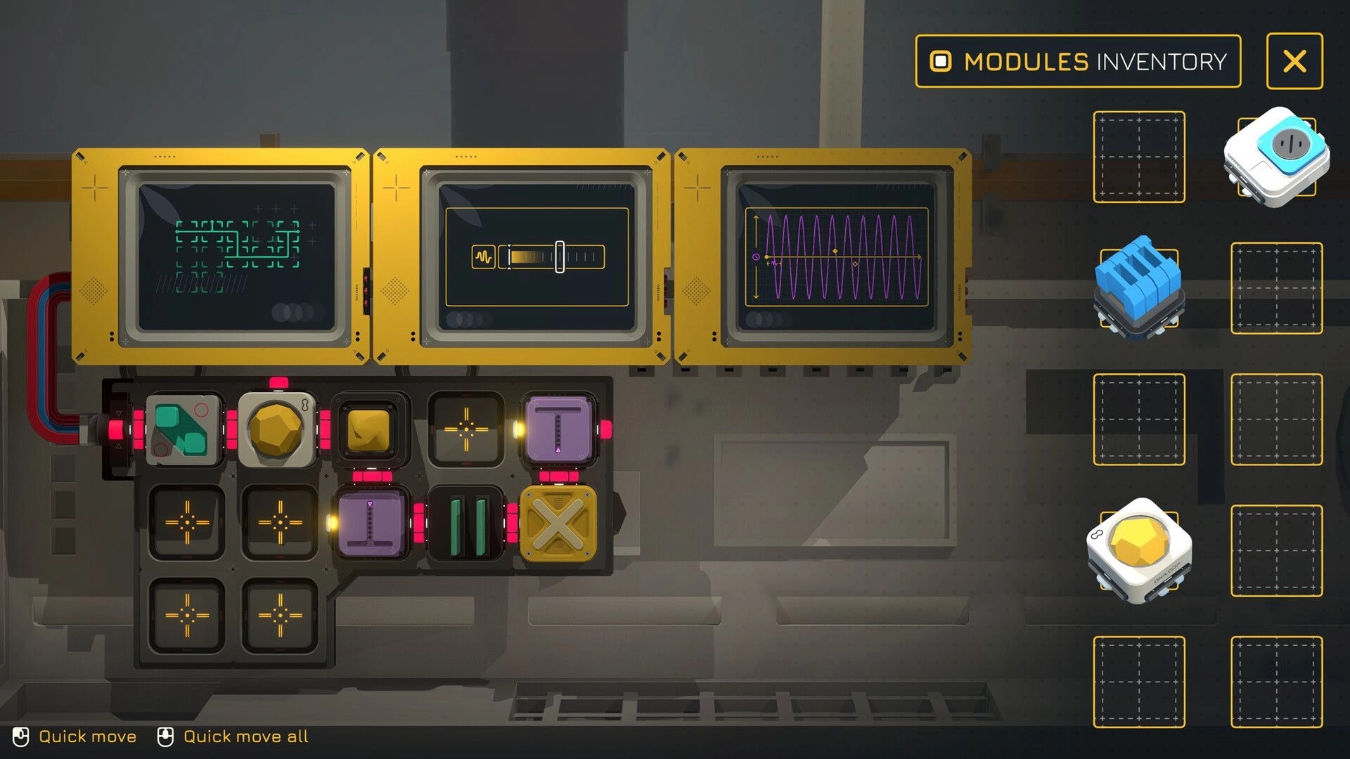 Modulink: Modules inventory with circuit grid and waveform monitors in a workshop interface.