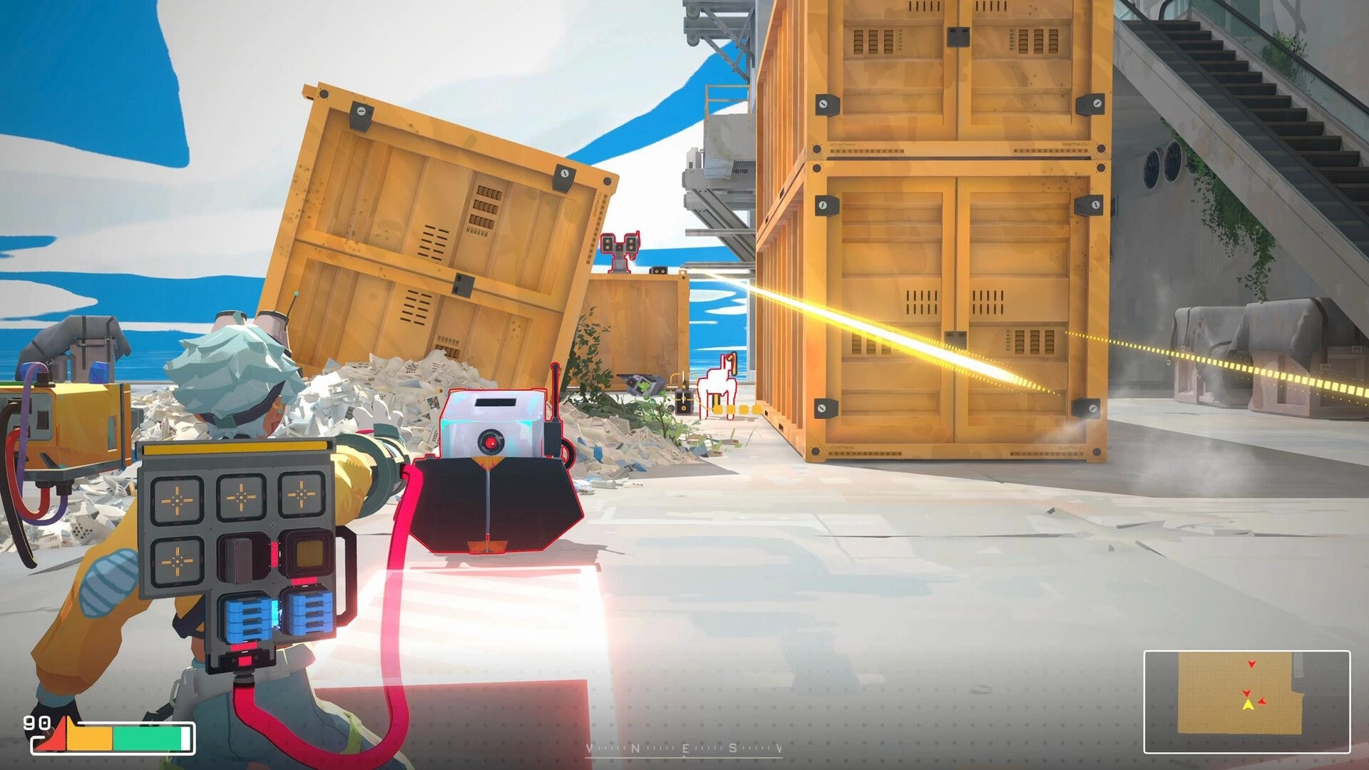 Modulink: Player aims a laser weapon at robots near stacked crates in a bright dockyard arena.