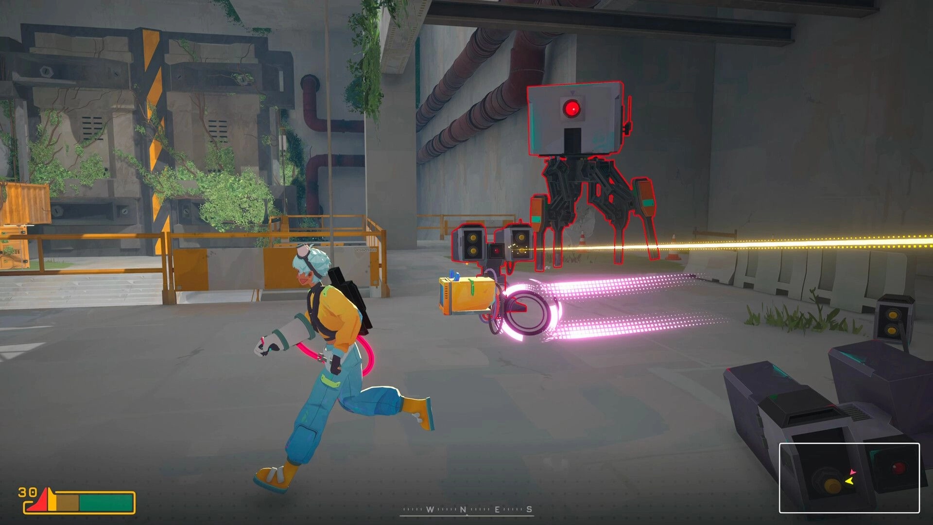 Modulink: Player runs past a red-outlined robot and glowing beam trap in a concrete facility corridor.