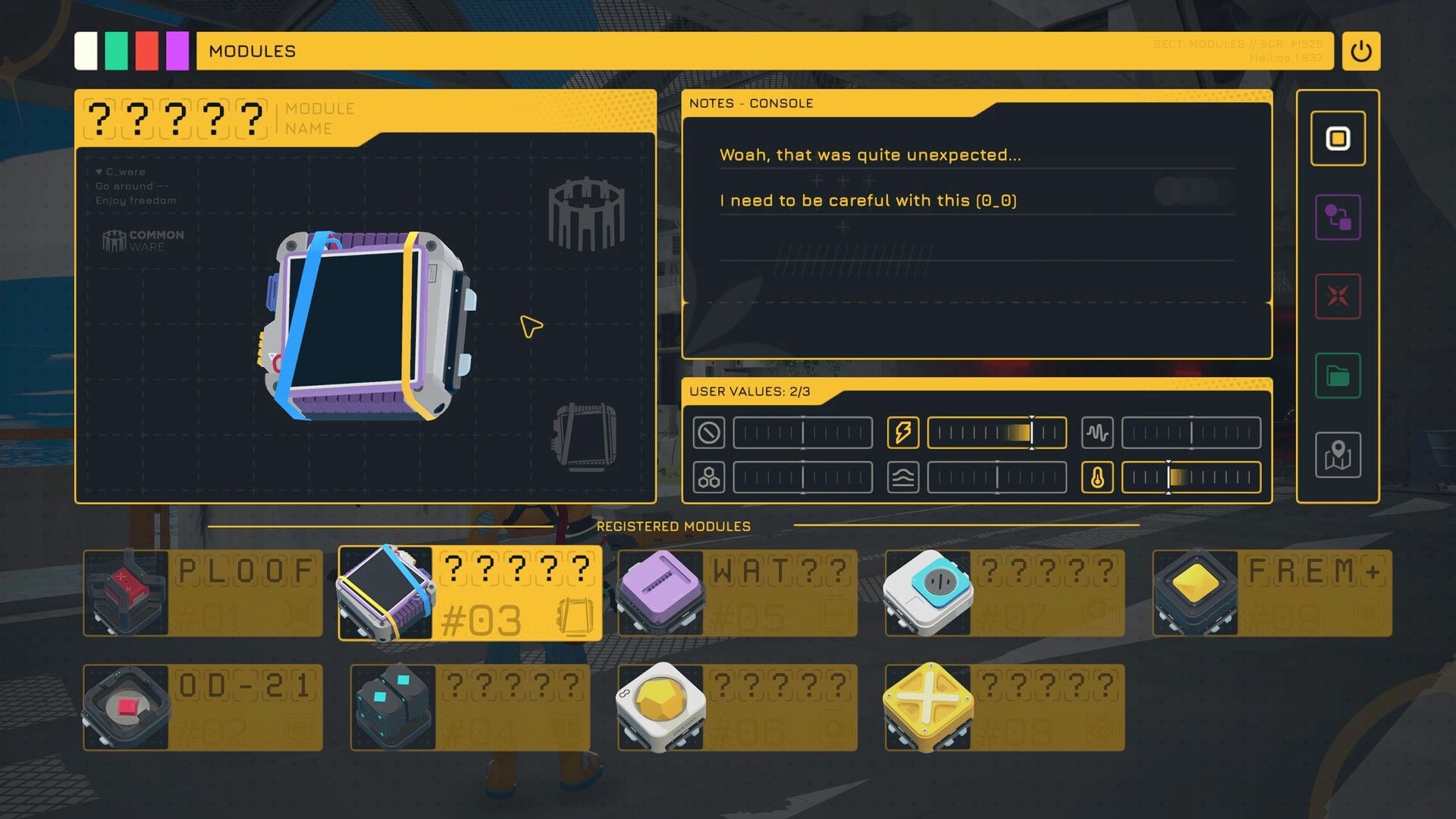 Modulink: Modules menu with unknown module selected, notes console and registered modules grid overlay.