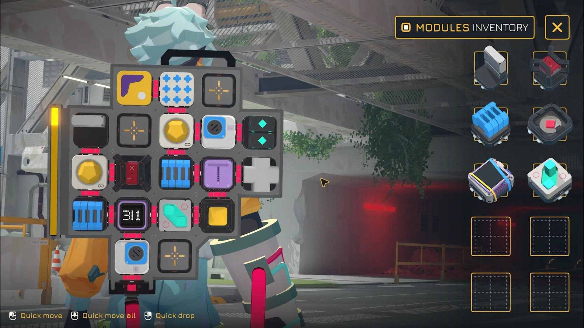 Modulink: Modules inventory grid with circuit tiles and parts list in an overgrown facility interior.