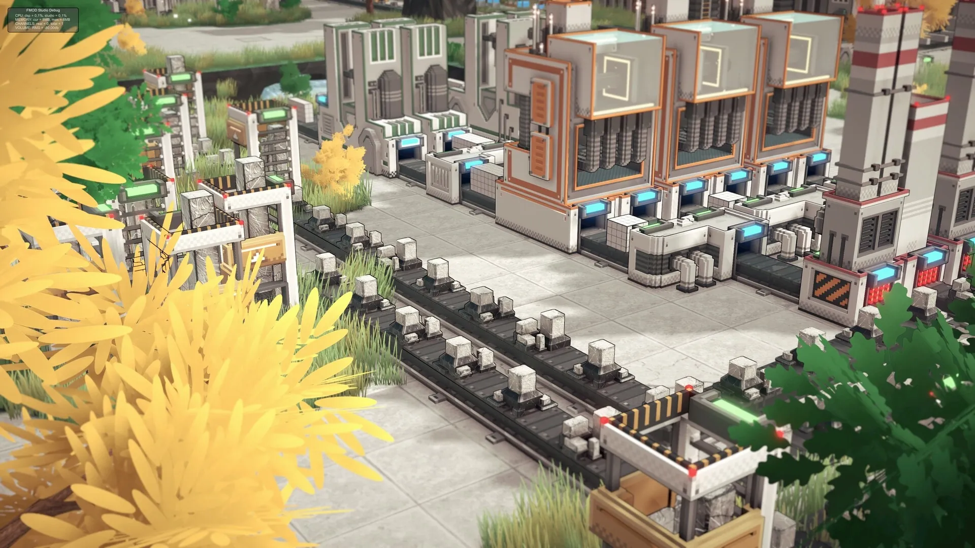 Modulus: Conveyor belts transporting blocks in a factory setting surrounded by machinery and foliage