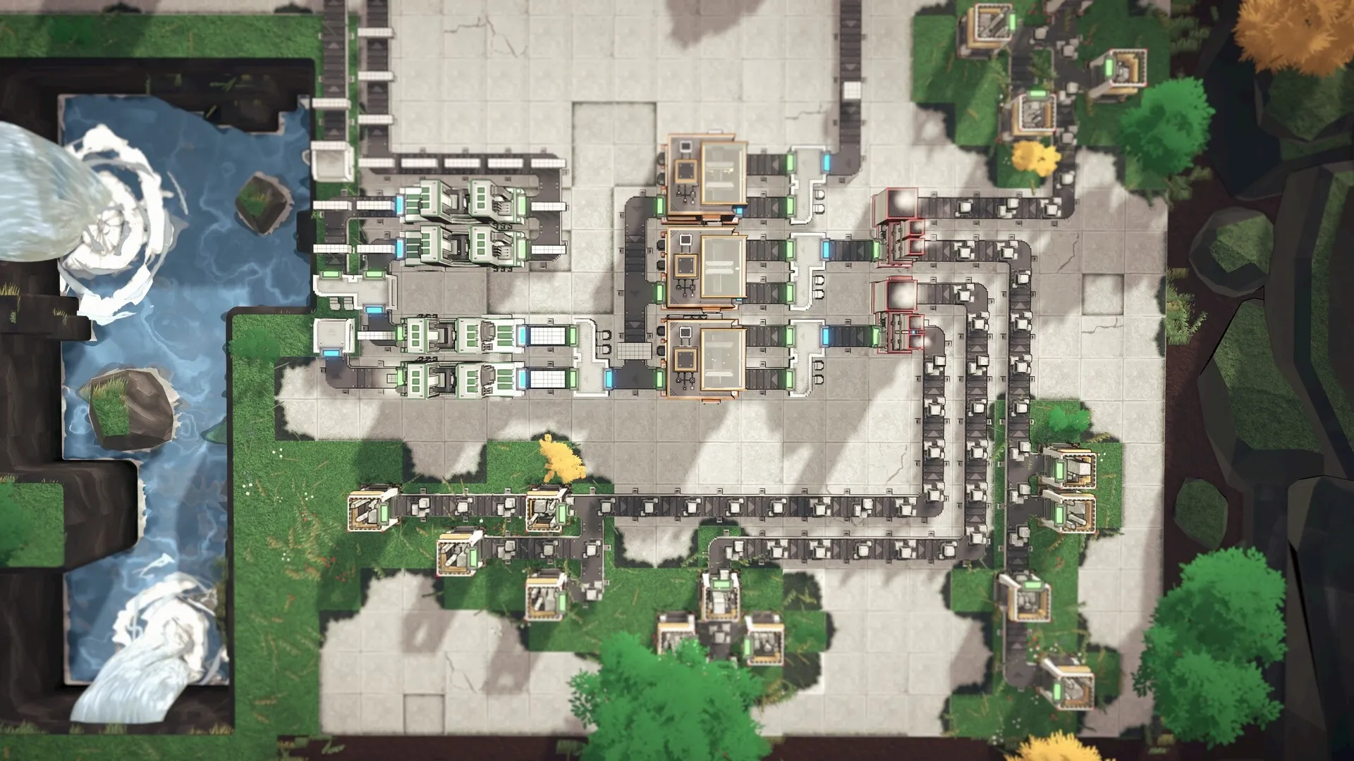Modulus: Factory layout with conveyor belts and machines near waterfall in lush, green environment