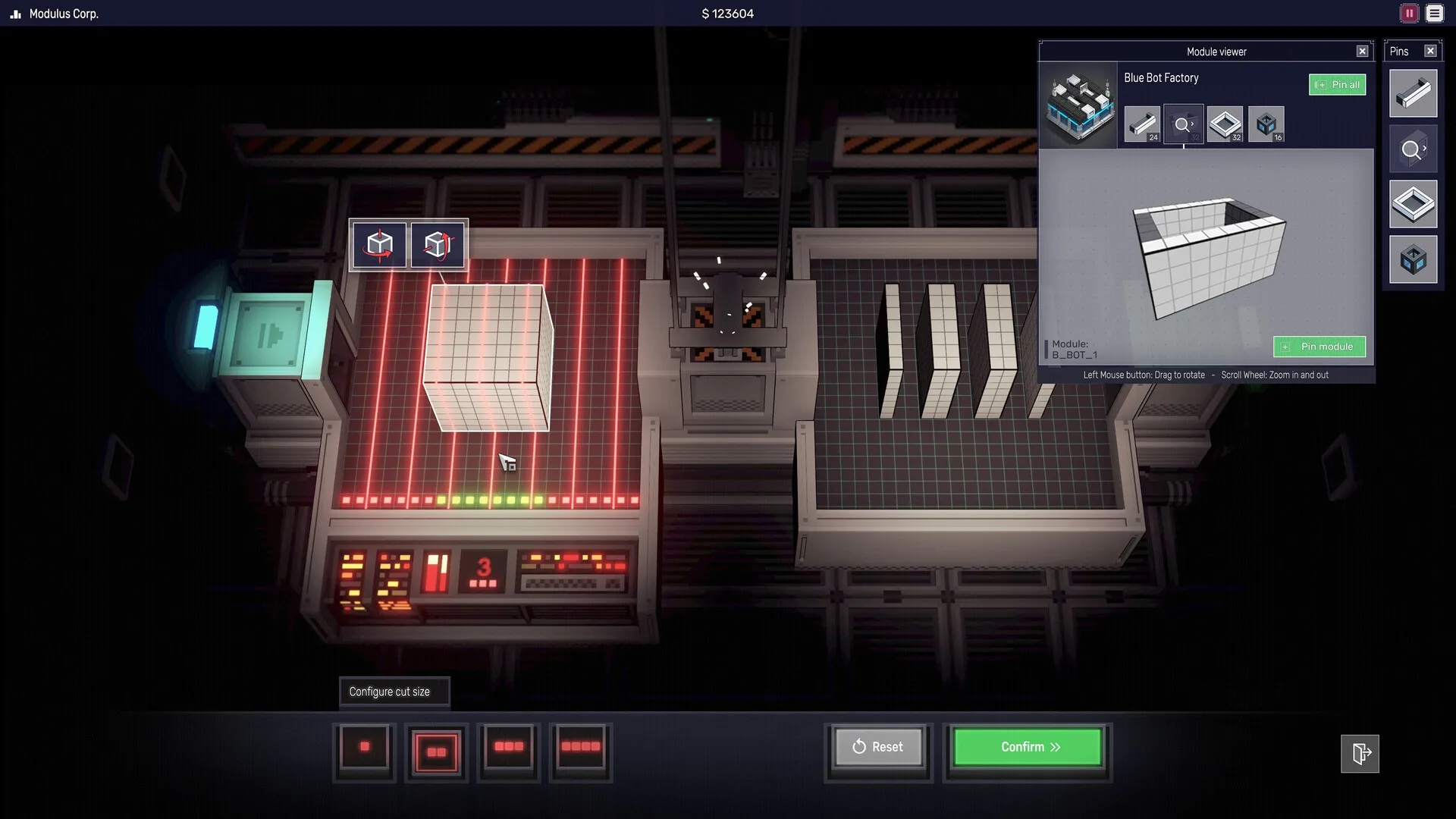 Modulus: Factory interface with 3D block cutting grid and module viewer in industrial setting