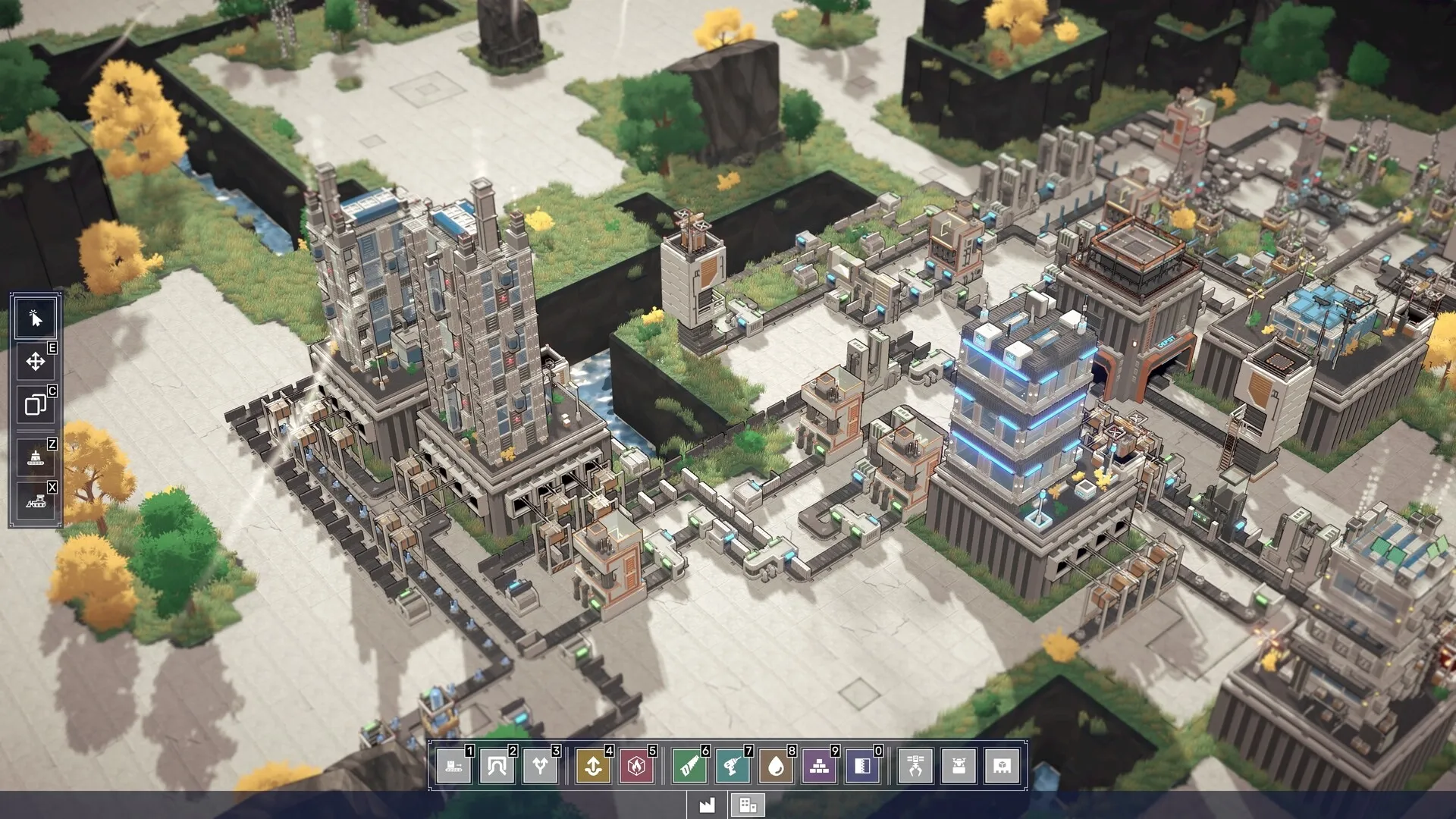 Modulus: Overhead view of complex factory layout with conveyor belts and control panel on the left