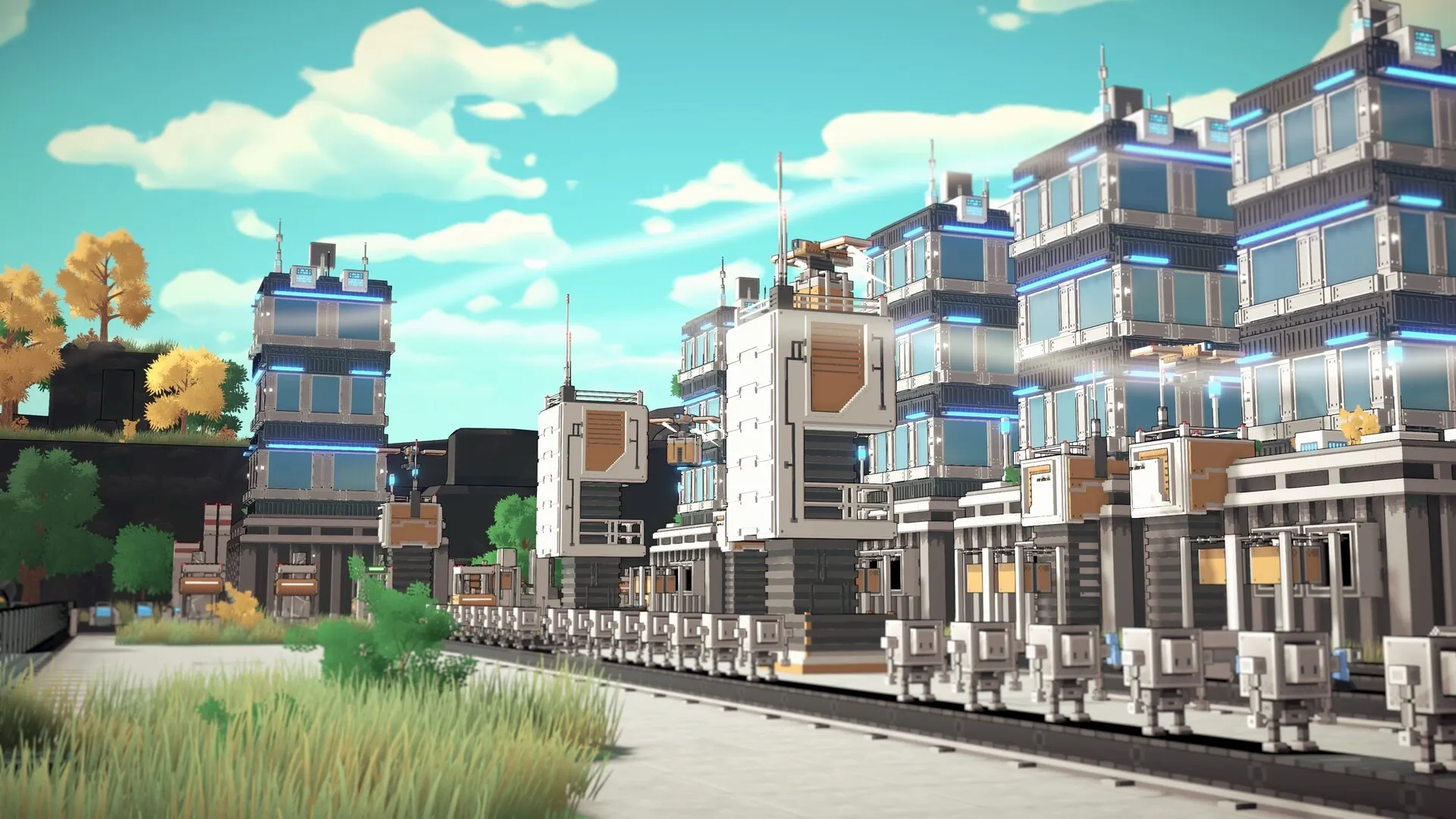 Modulus: Factory buildings with conveyor belts in a futuristic industrial landscape under a clear sky