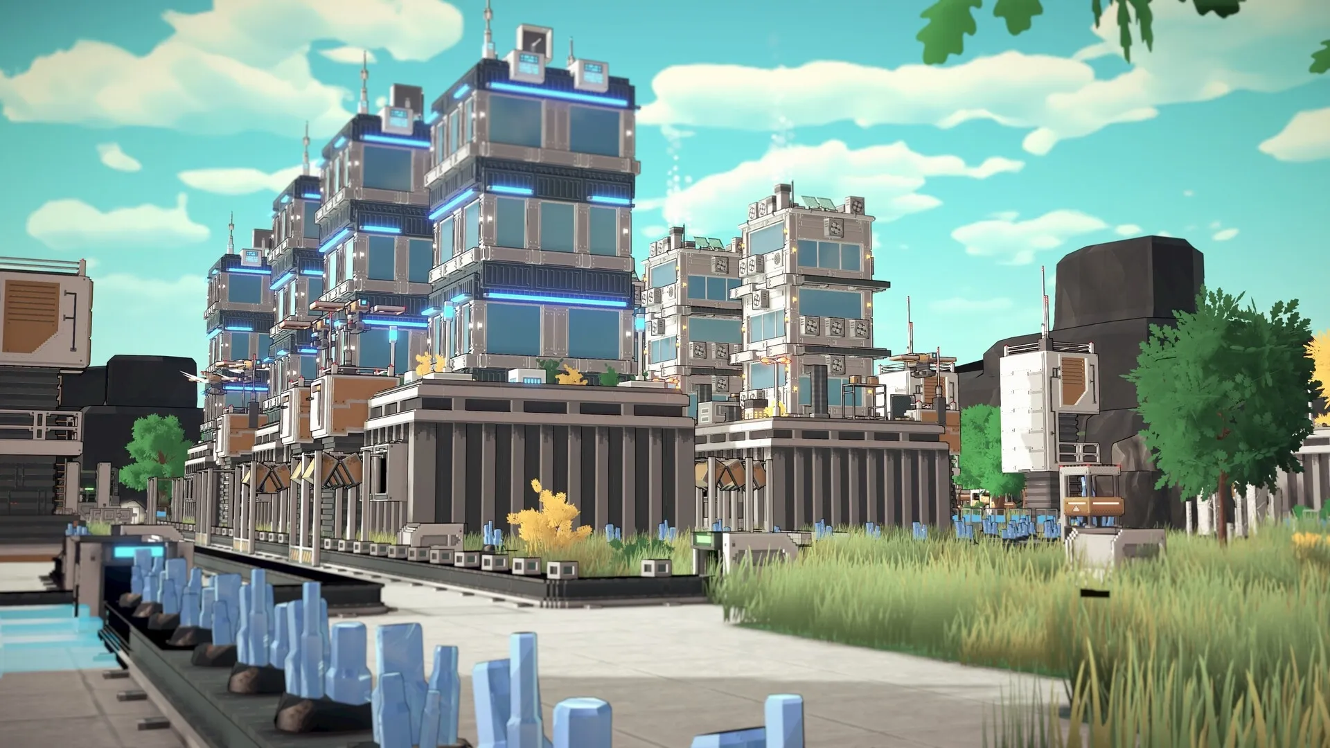 Modulus: Futuristic factory buildings with conveyor belts in a grassy landscape under a bright sky