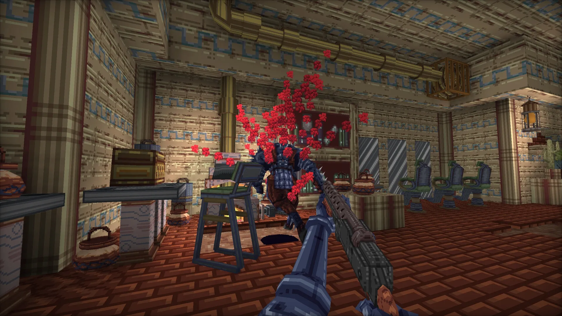 Mohrta: First-person combat with enemy in a vintage barbershop, blood splatter effects visible