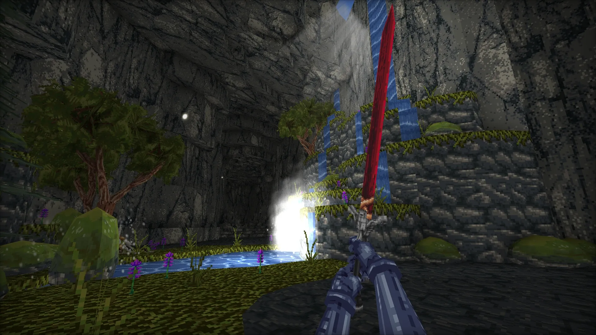 Mohrta: First-person view of player wielding a red sword in a lush cave with waterfalls and vegetation.