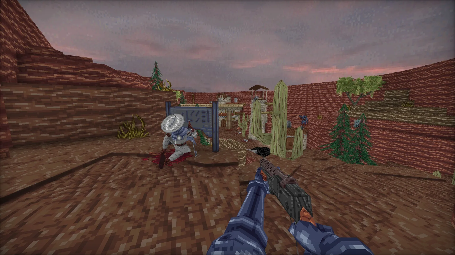 Mohrta: First-person perspective aiming at enemy in rocky desert with cacti and distant structures