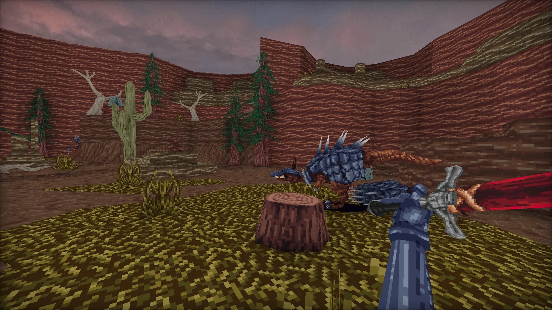 Mohrta: Player wielding a glowing sword confronts spiked creature in rugged canyon with sparse trees.
