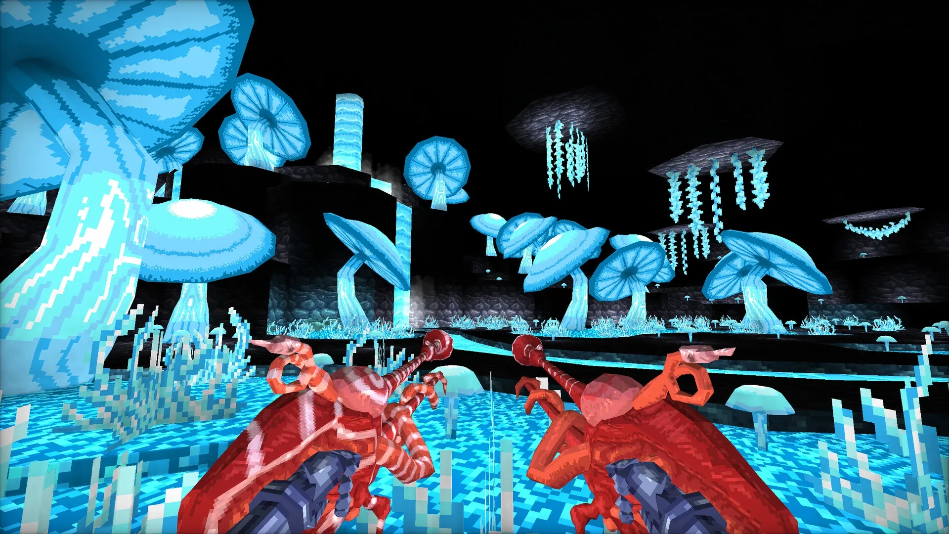 Mohrta: Dual-wielding in a bioluminescent cave with glowing mushrooms and pixelated blue terrain.