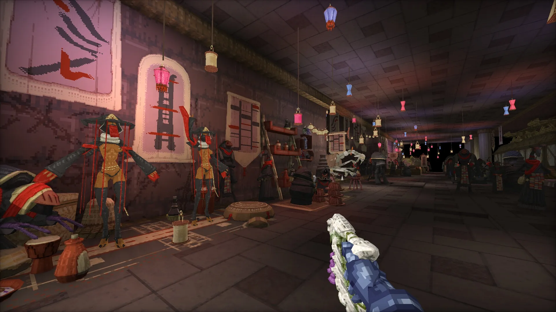 Mohrta: Player explores dimly lit market with hanging lanterns and eerie mannequins along the walls.