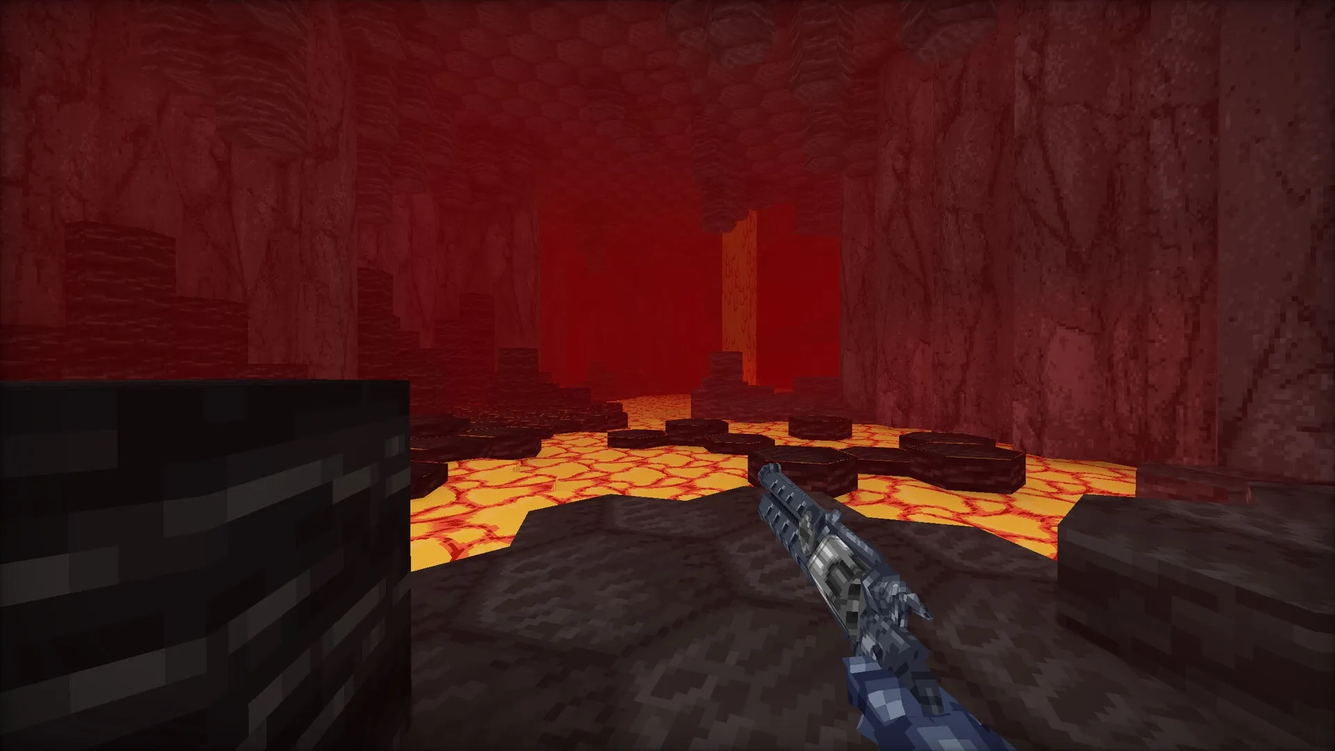 Mohrta: First-person view with gun in hand, navigating a lava-filled cavern with jagged rock formations.