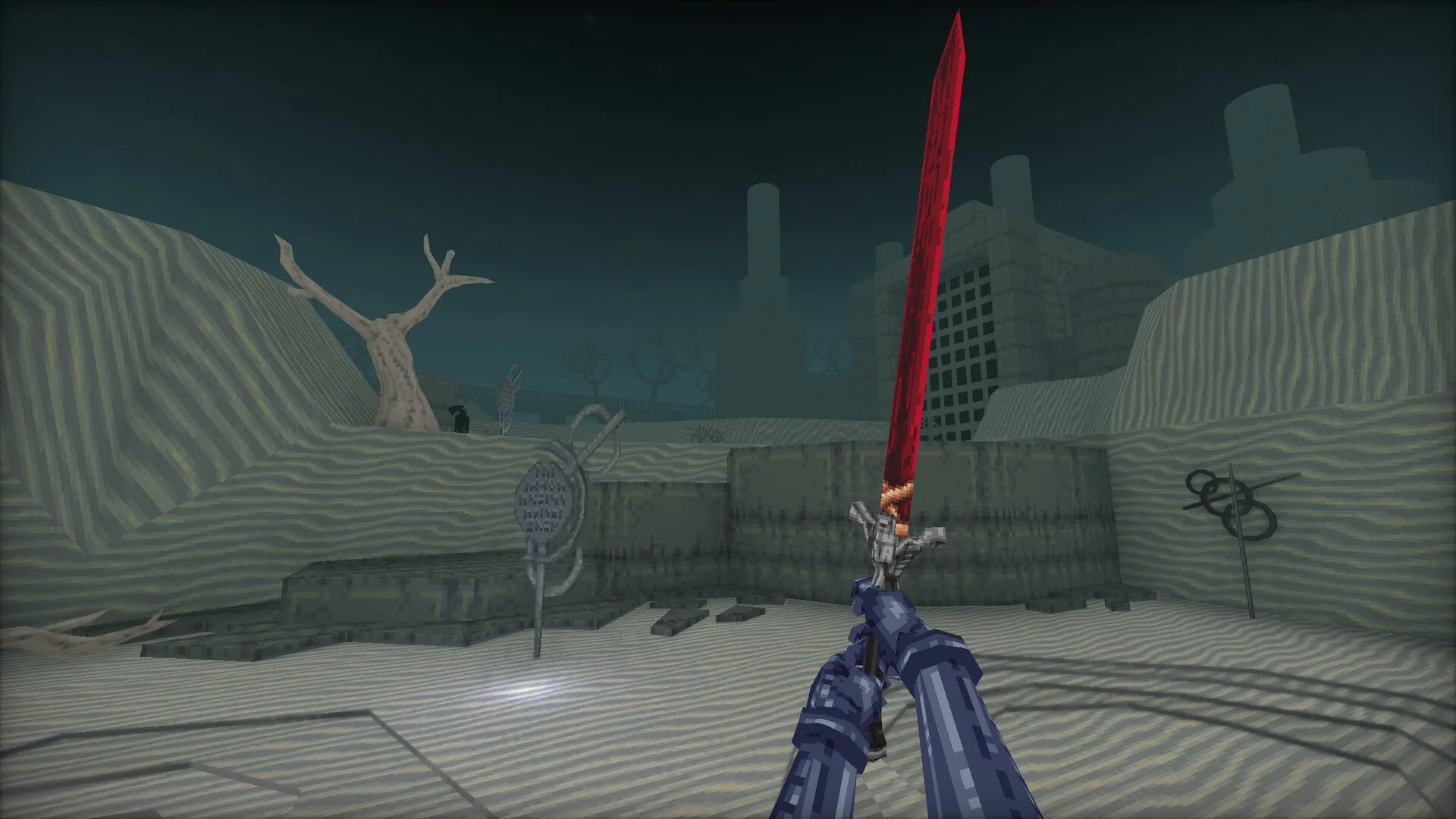 Mohrta: Player wields a large red sword in a desolate, striped landscape with barren trees.