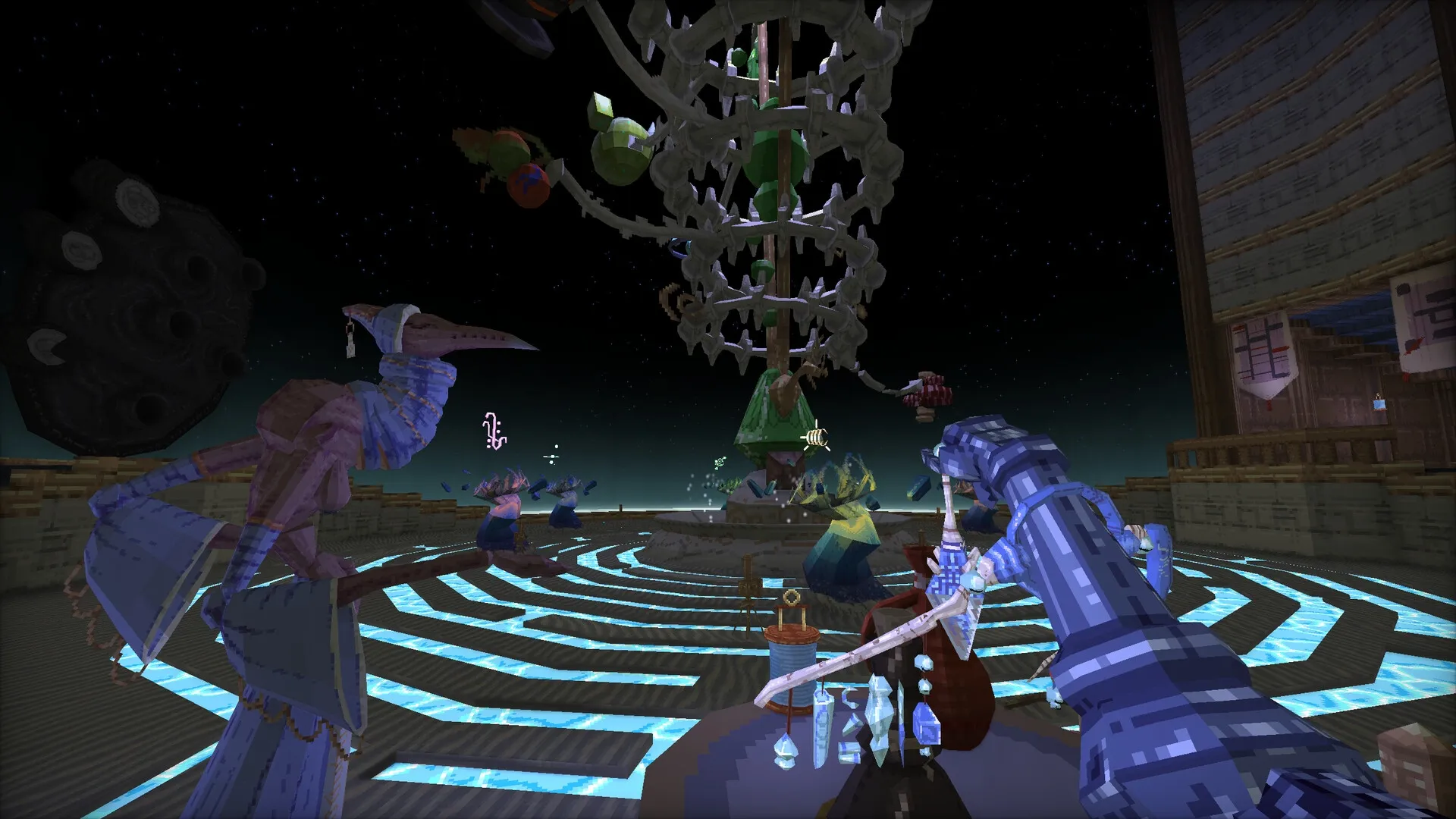 Mohrta: First-person view in arena with mystical creatures and towering spiral structure under starlit sky.