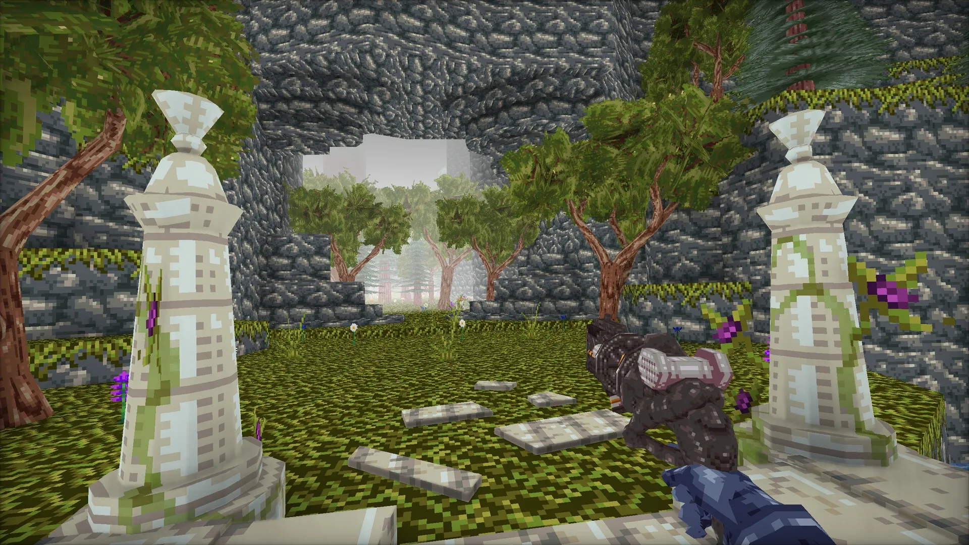 Mohrta: First-person view in a lush stone courtyard surrounded by trees and ancient pillars.