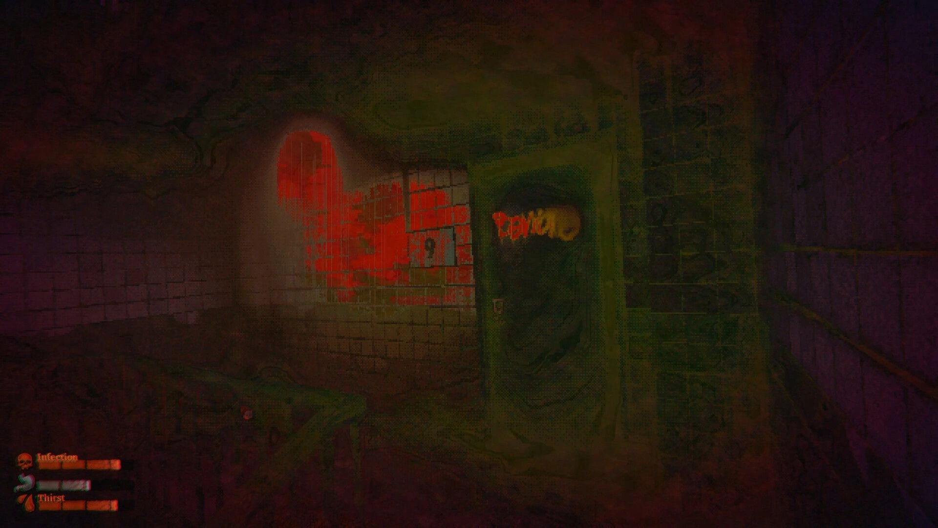 MOLDRISE: Blurred view of a grimy door marked "DAVID" with Infection, Hunger, Thirst bars in hall.