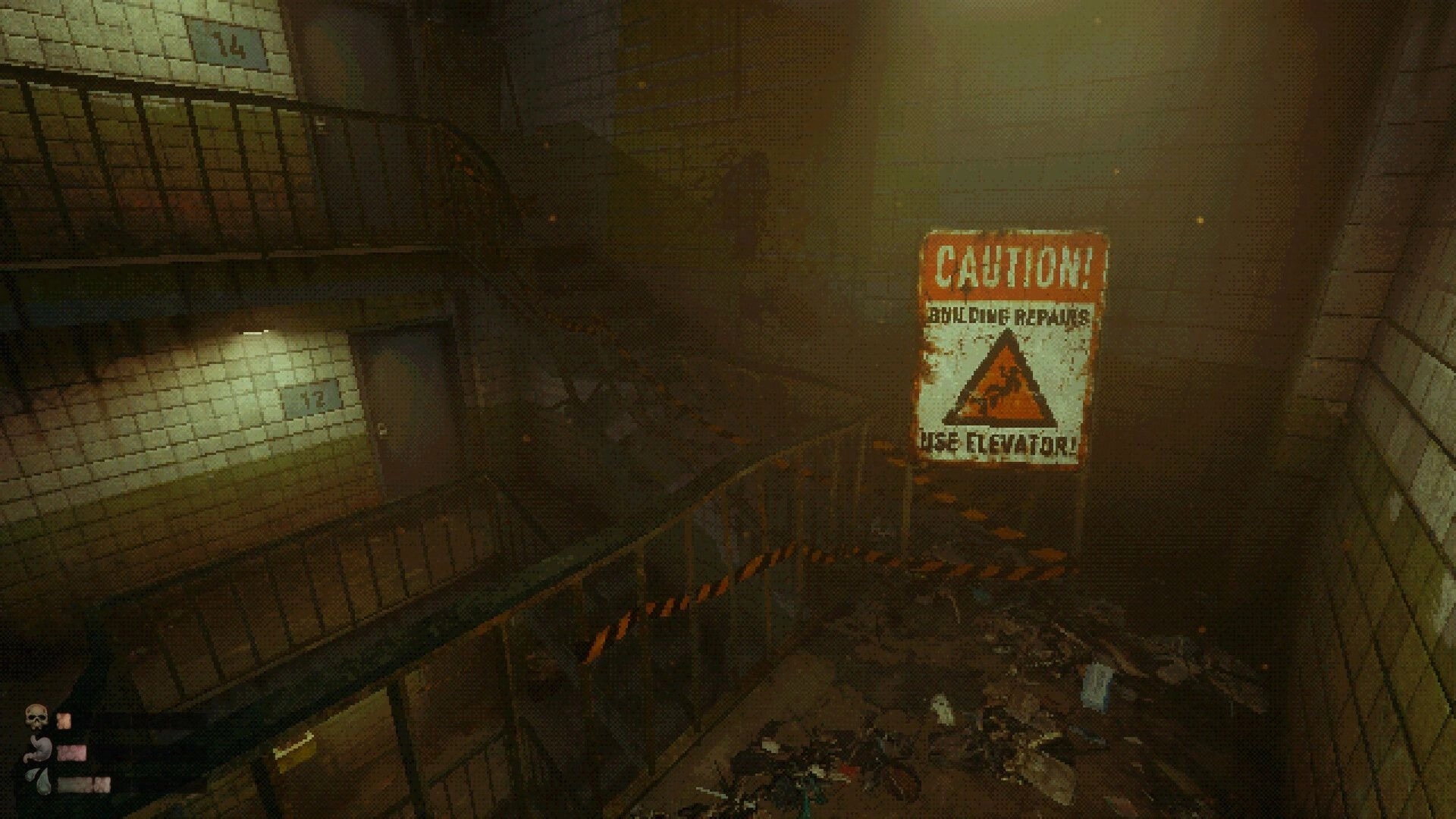 MOLDRISE: First-person view down a grimy stairwell, caution sign warns “Use elevator” in haze.
