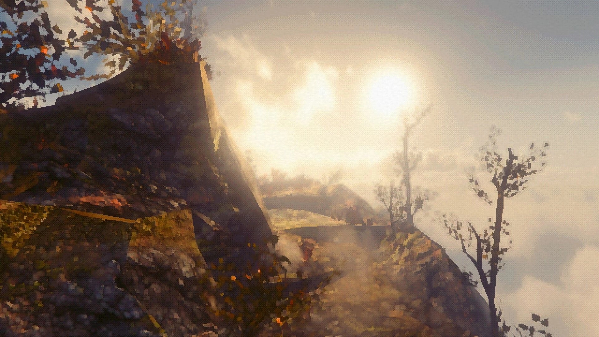 MOLDRISE: Lone figure walking up a foggy cliffside path past bare trees in hazy sunlight.