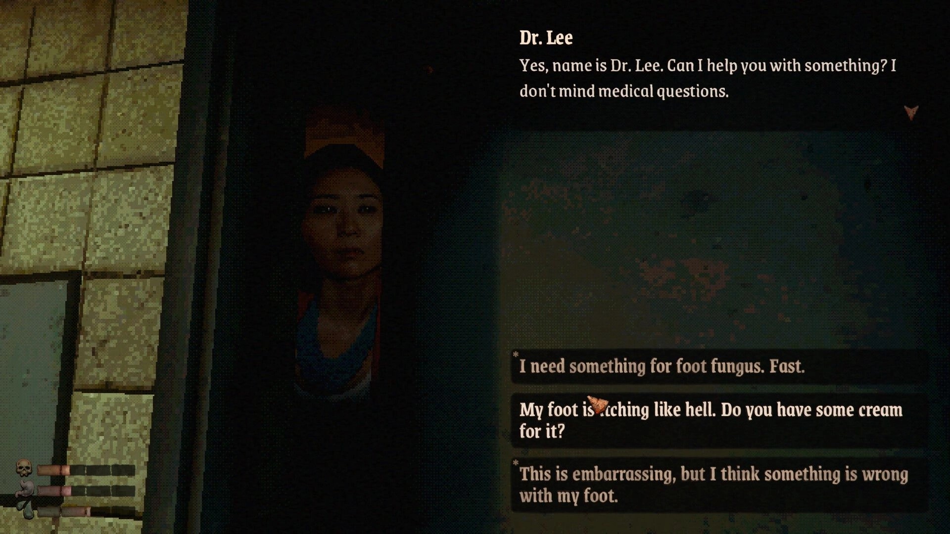MOLDRISE: Dialogue with Dr. Lee offering foot fungus responses in a dim tiled clinic room UI.