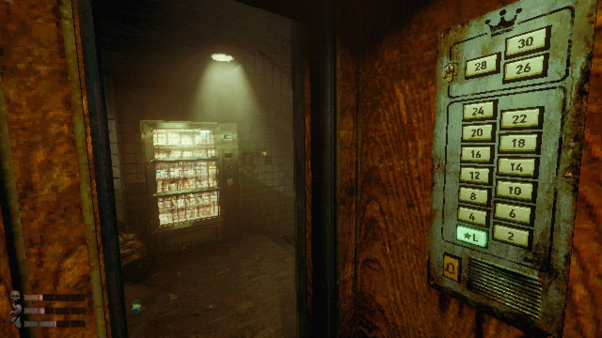 MOLDRISE: Elevator floor panel with numbered buttons beside a dim corridor and glowing vending machine.