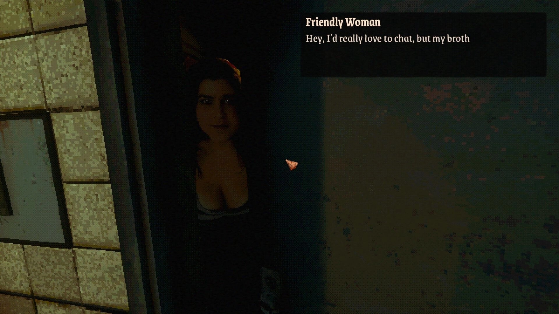 MOLDRISE: Dialogue popup with Friendly Woman portrait beside stained wall in dim apartment hallway.
