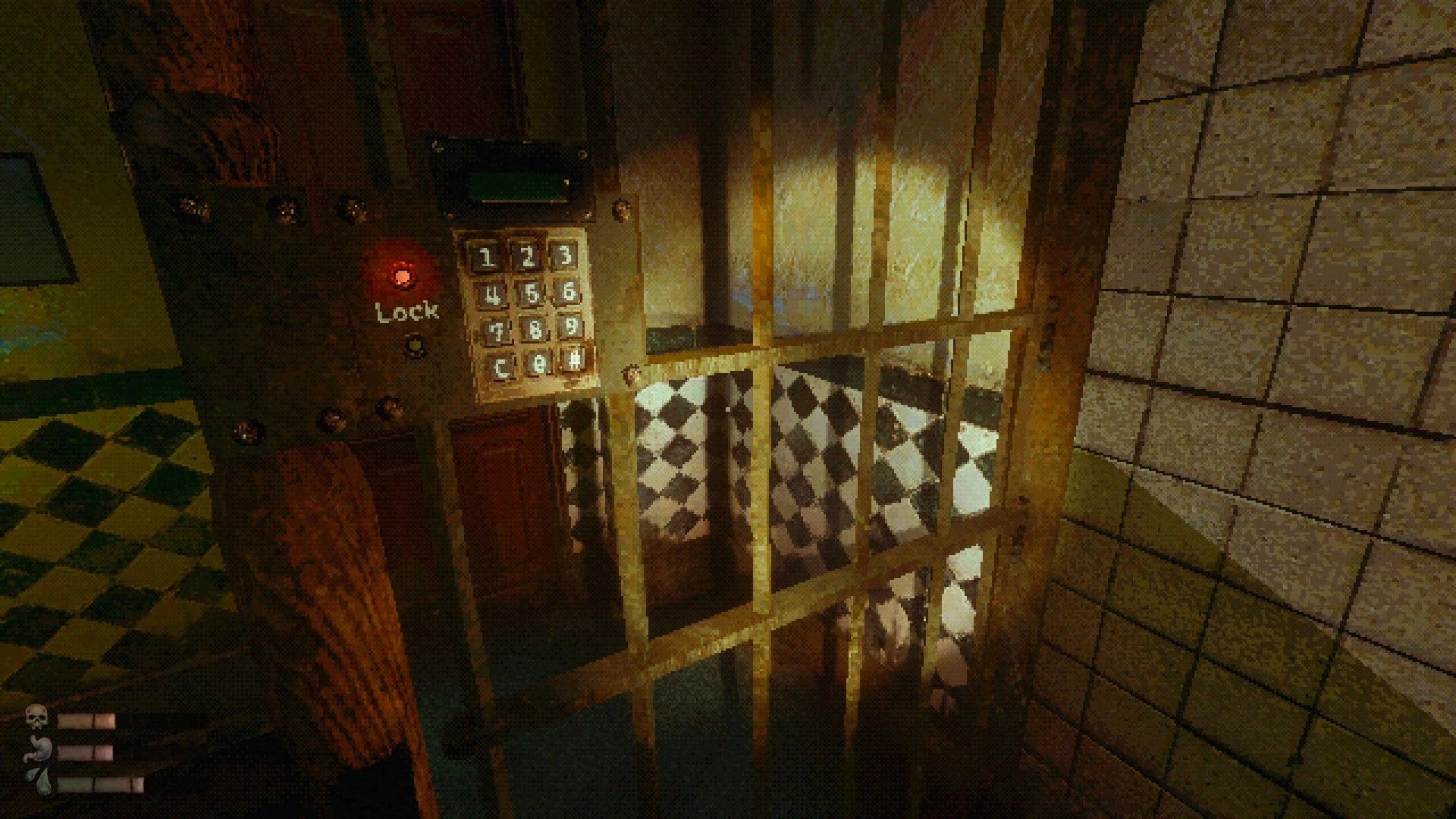 MOLDRISE: Rusty keypad lock by barred door in grimy tiled corridor, low-health UI visible.