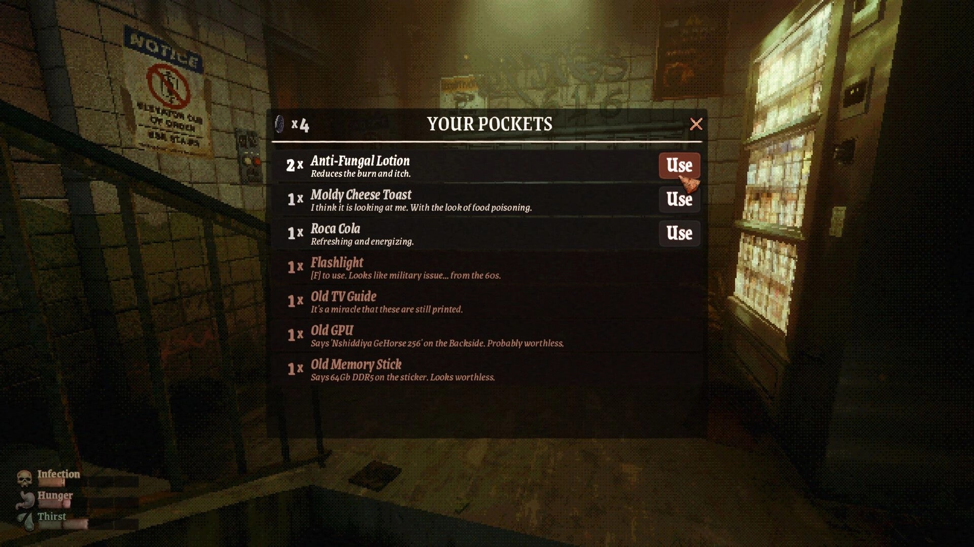 MOLDRISE: Inventory menu "Your Pockets" with Use buttons in a grimy tiled hallway near stairs.