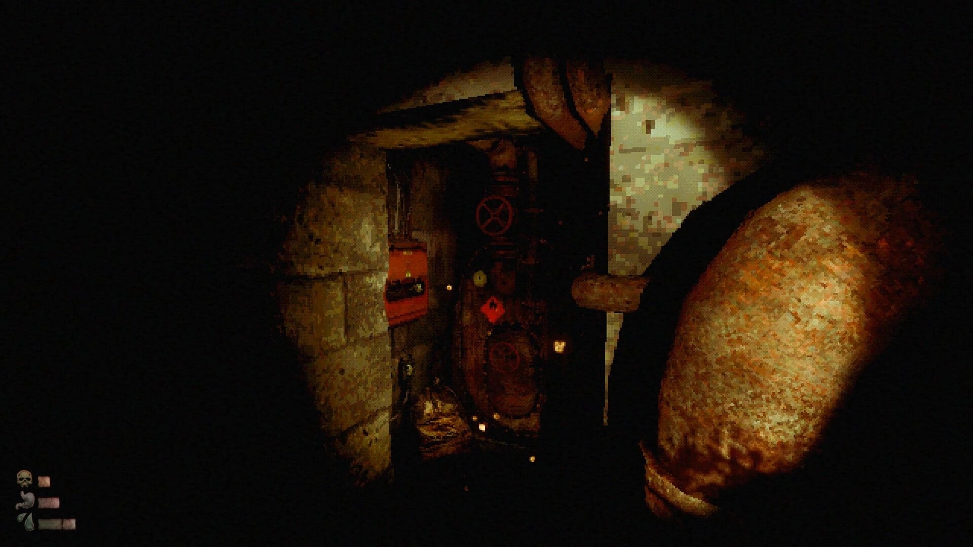 MOLDRISE: First-person view aiming a flashlight at rusty valve pipes in a cramped, grimy tunnel.