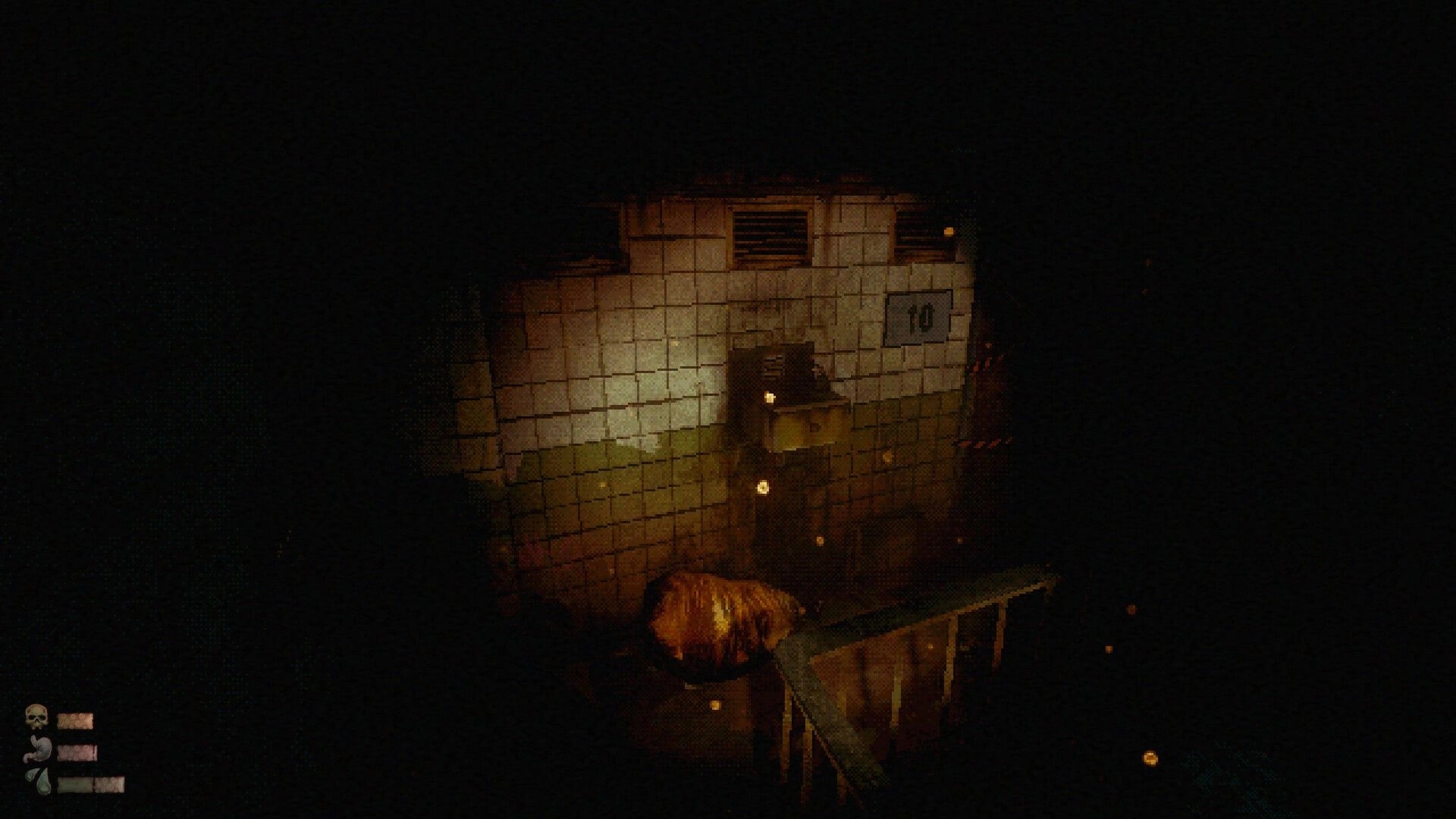 MOLDRISE: Player stands on a railing by a tiled wall and door marked 10 in dark stairwell.