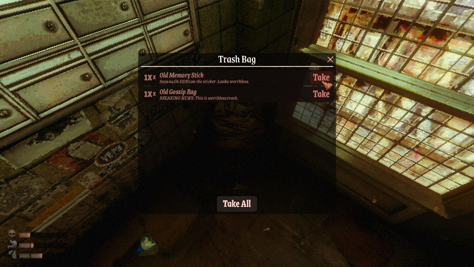 MOLDRISE: Looting a trash bag menu with Take buttons in a grimy room beside glowing panels.