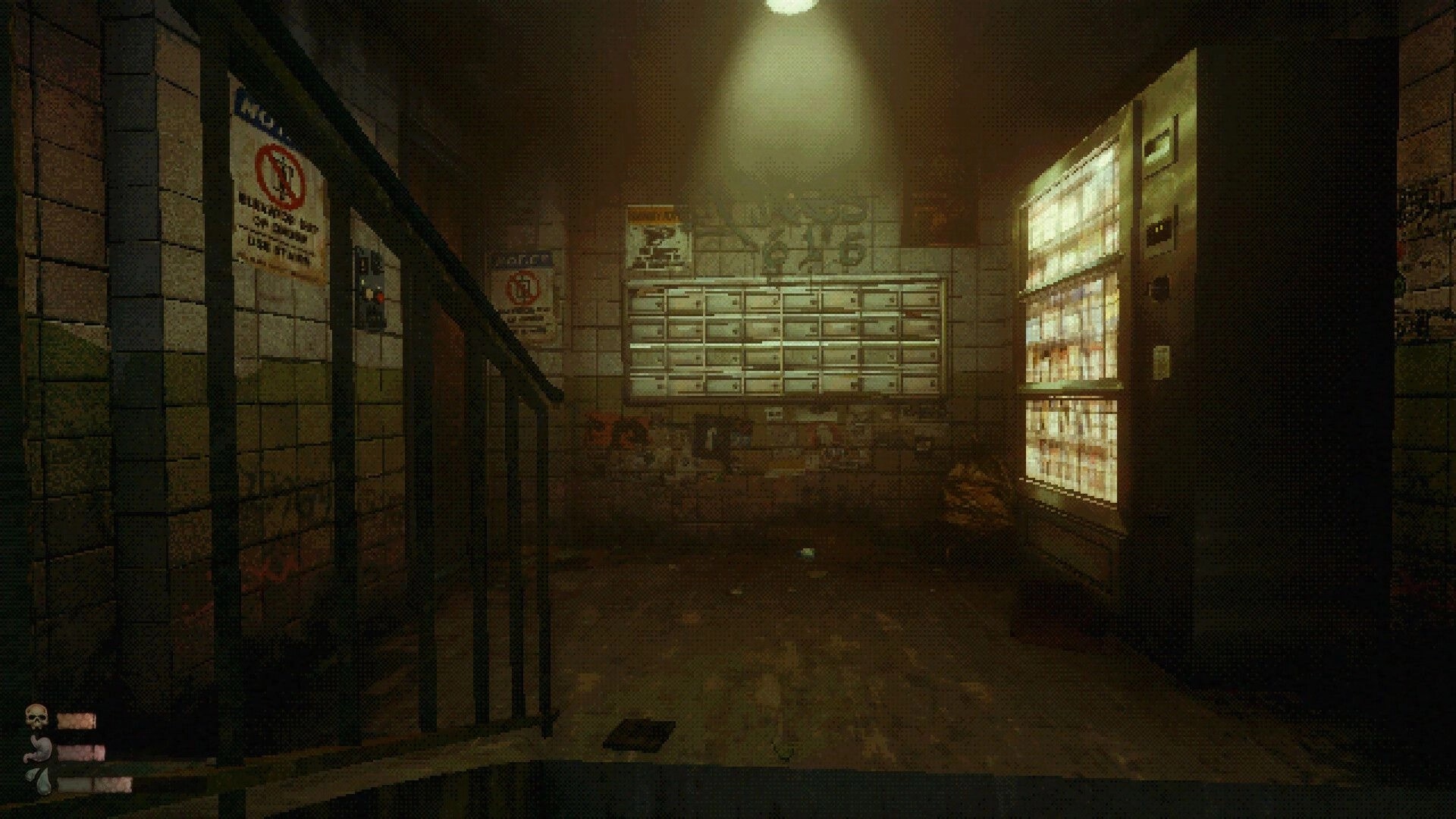 MOLDRISE: First-person view of grimy lobby with mailboxes and a glowing vending machine, HUD icons left.