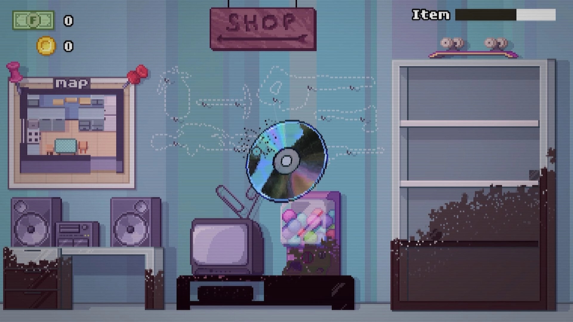 Moldwasher: Hub room with map and item UI, mold creeping over shelves and furniture indoors.
