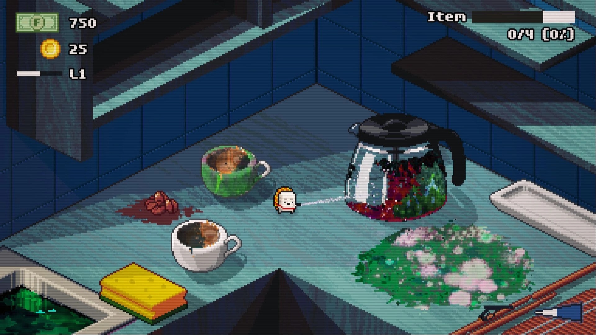 Moldwasher: Tiny cleaner sprays a moldy coffee pot on a cluttered counter in tiled kitchen UI.
