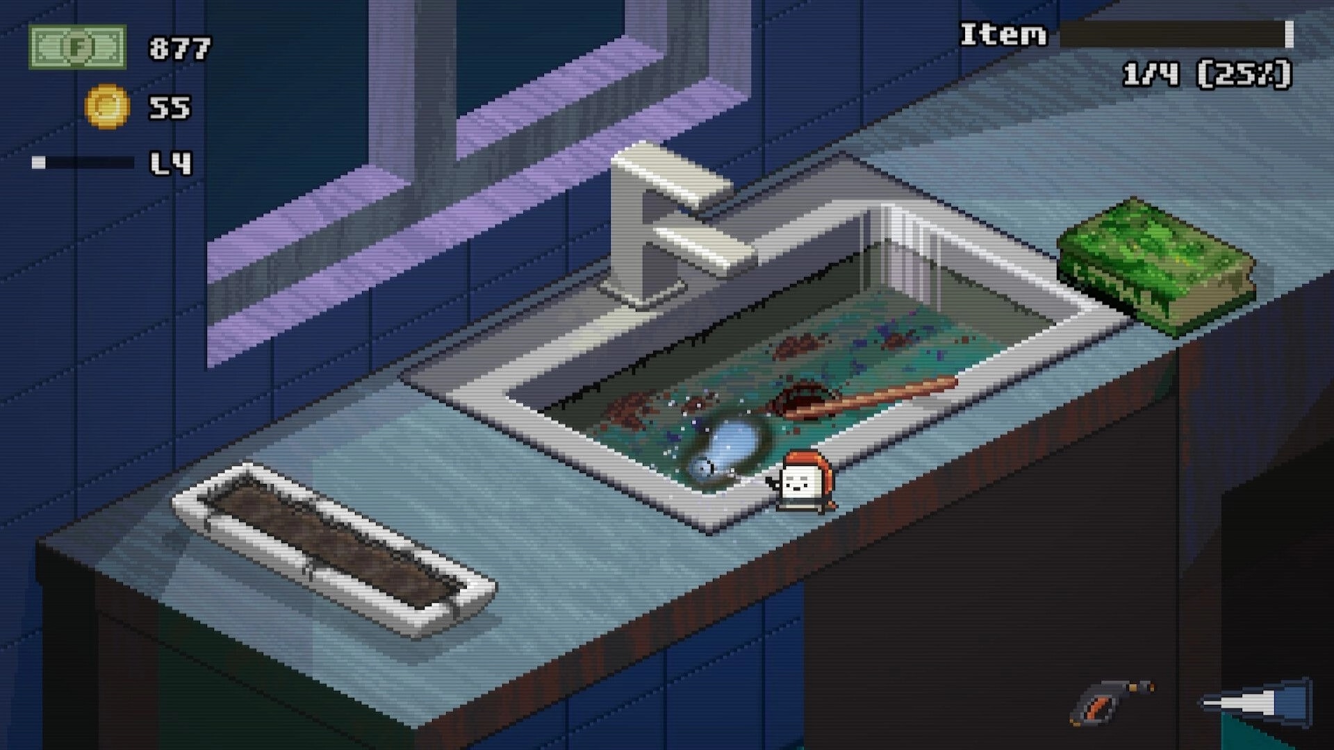 Moldwasher: Tiny hero scrubs a dirty sink with sponge, item progress UI in tiled bathroom scene.