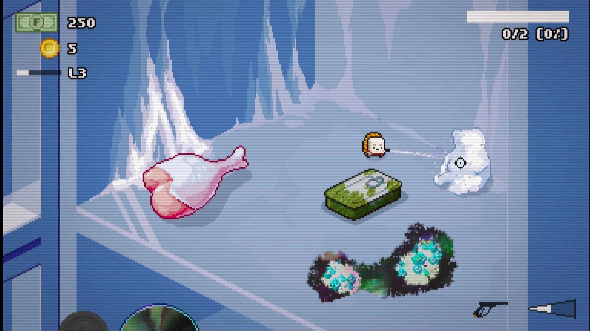 Moldwasher: Tiny cleaner sprays a frosty blob beside food and mold patches on an icy fridge shelf.