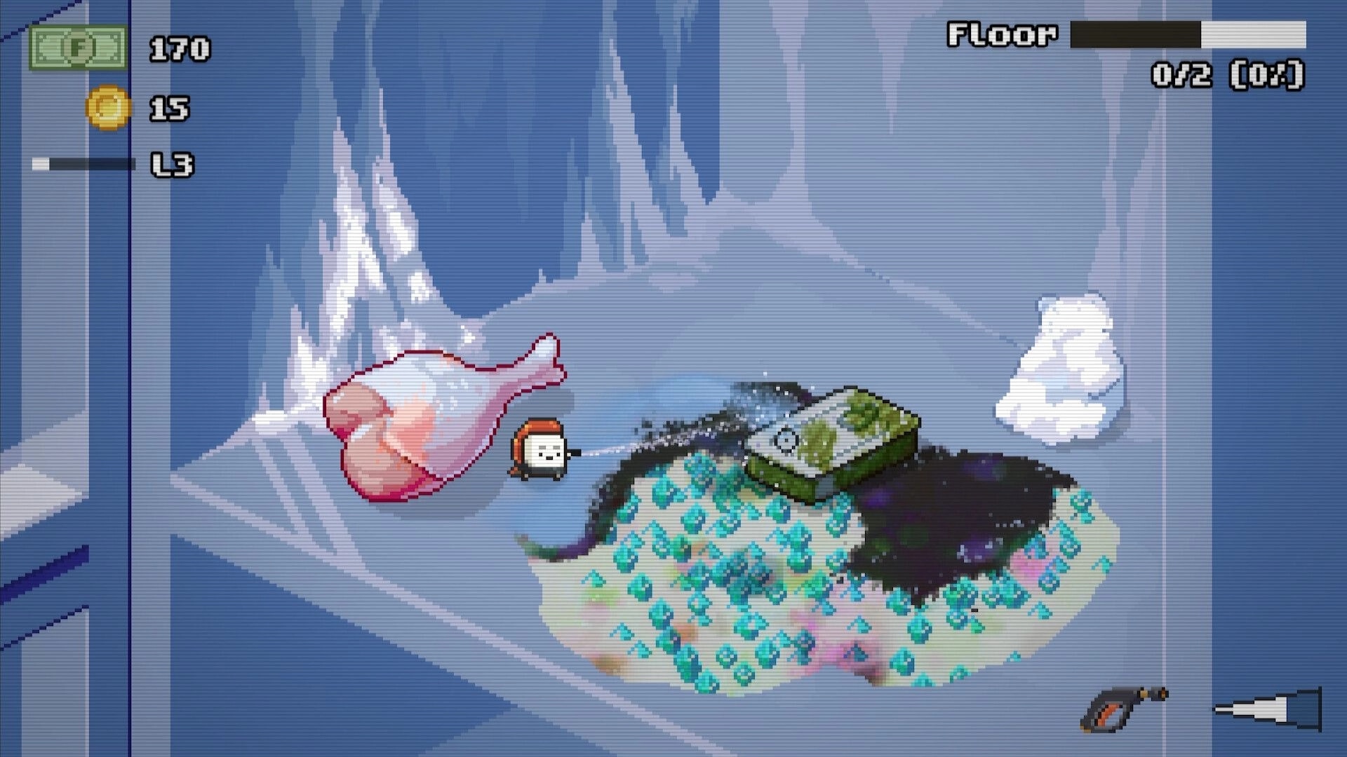 Moldwasher: Pixel hero sprays moldy floor stain beside raw meat and box inside icy fridge shelf UI.