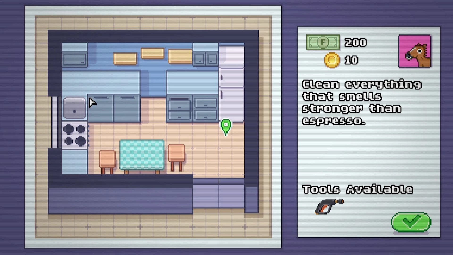 Moldwasher: Mission briefing UI with cash and tools beside a top-down kitchen map with marker.